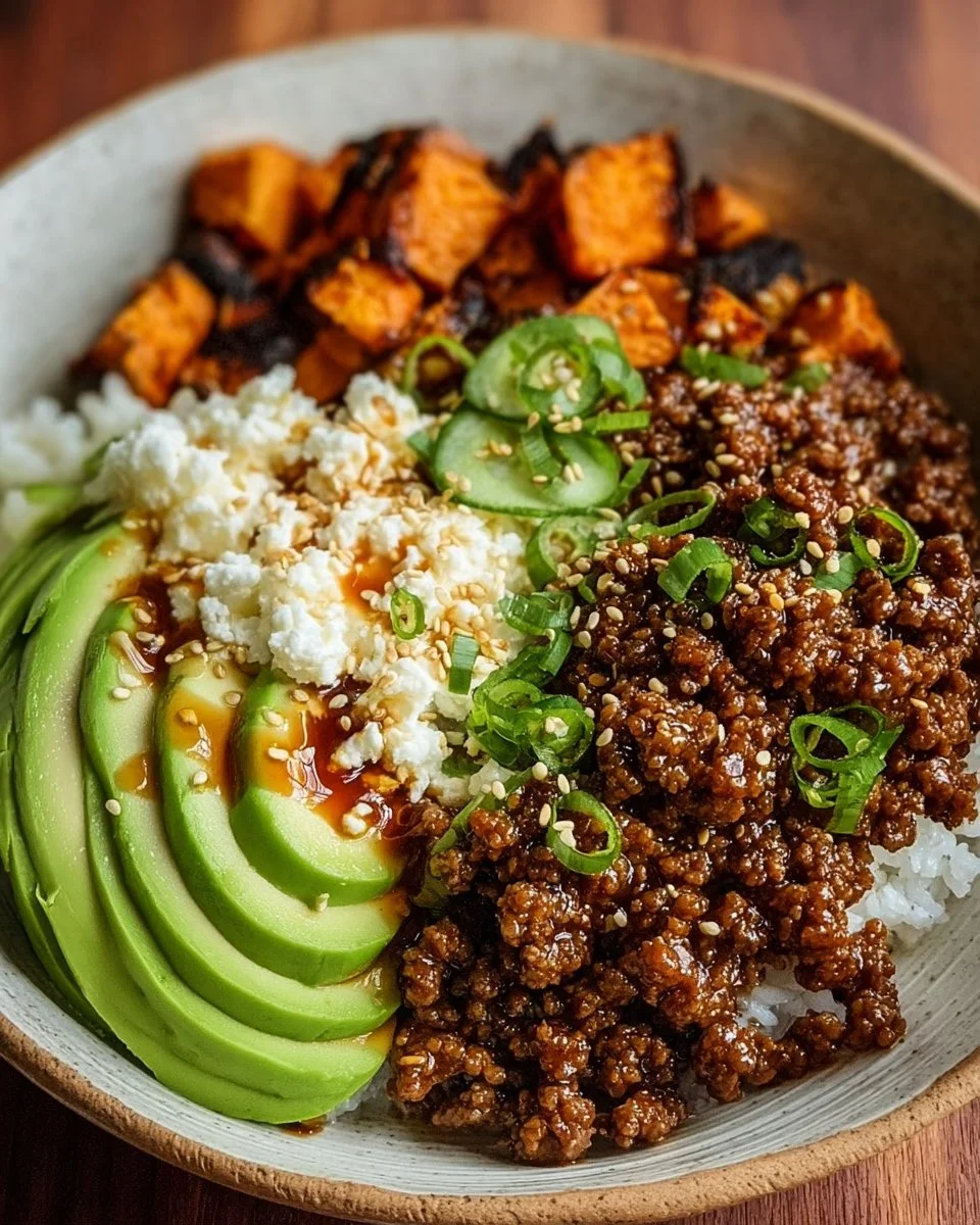 Delicious Ground Beef Hot Honey Bowl with fresh ingredients and spicy honey drizzle