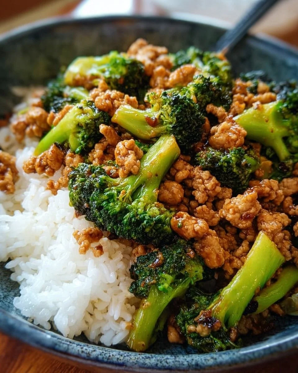 Ground chicken and broccoli stir fry served in a bowl