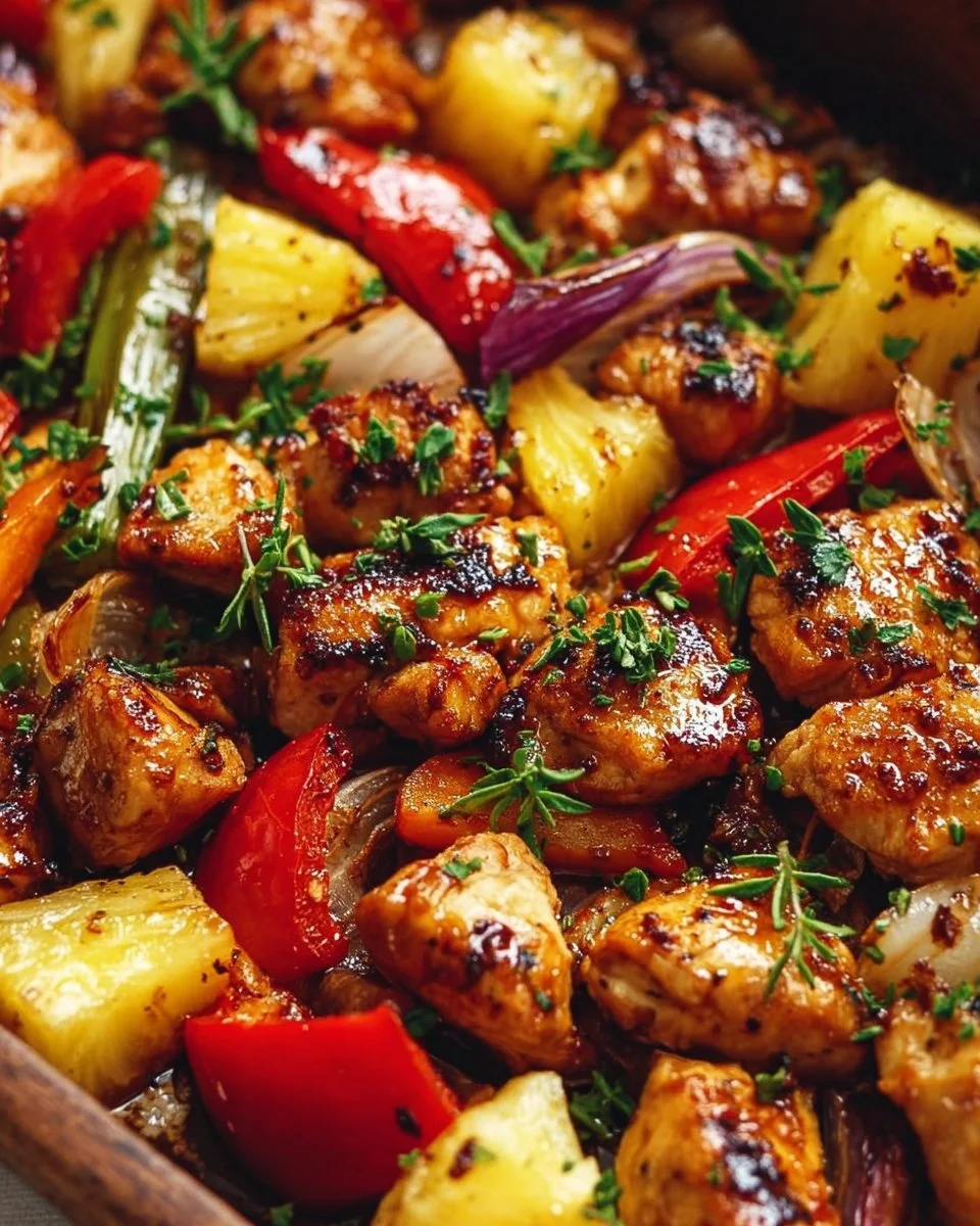 Hawaiian Chicken Sheet Pan featuring vibrant veggies and juicy chicken.
