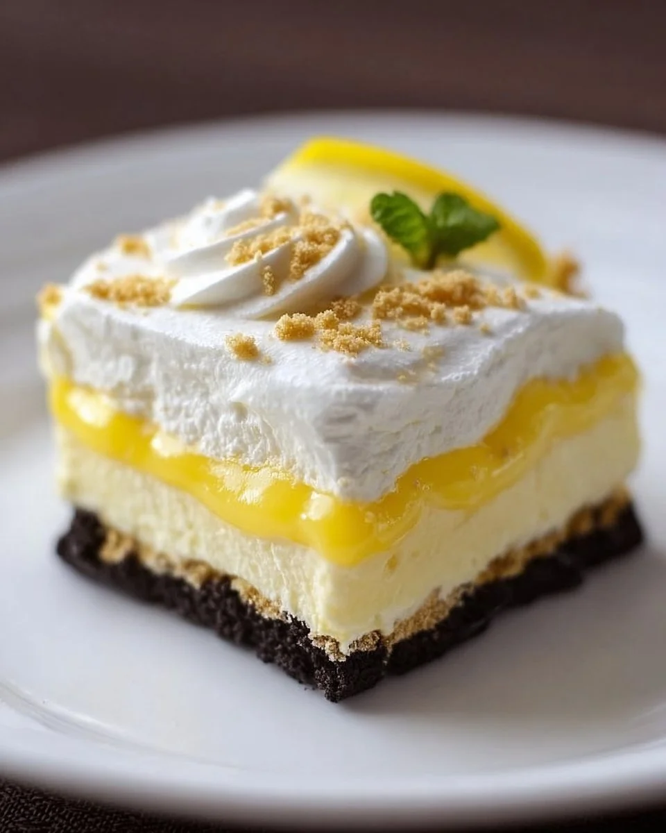 Delicious Oreo lemon dessert garnished with lemon slices on a plate