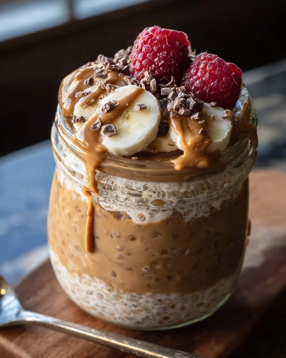 Bowl of high-protein peanut butter overnight oats topped with fruits and nuts