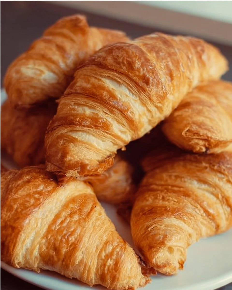 Freshly baked homemade classic croissants on a wooden table
