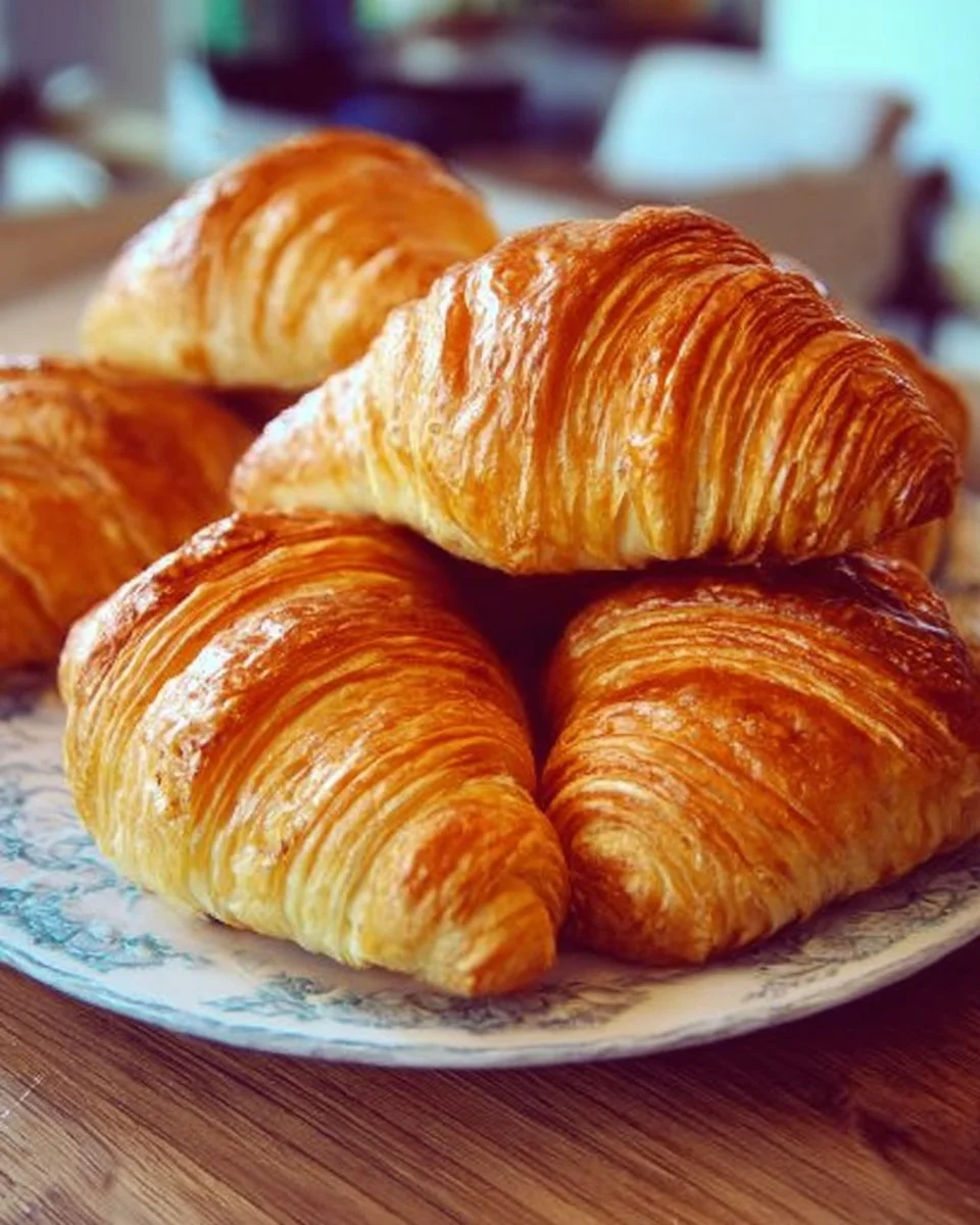 Freshly baked homemade croissants on a wooden table