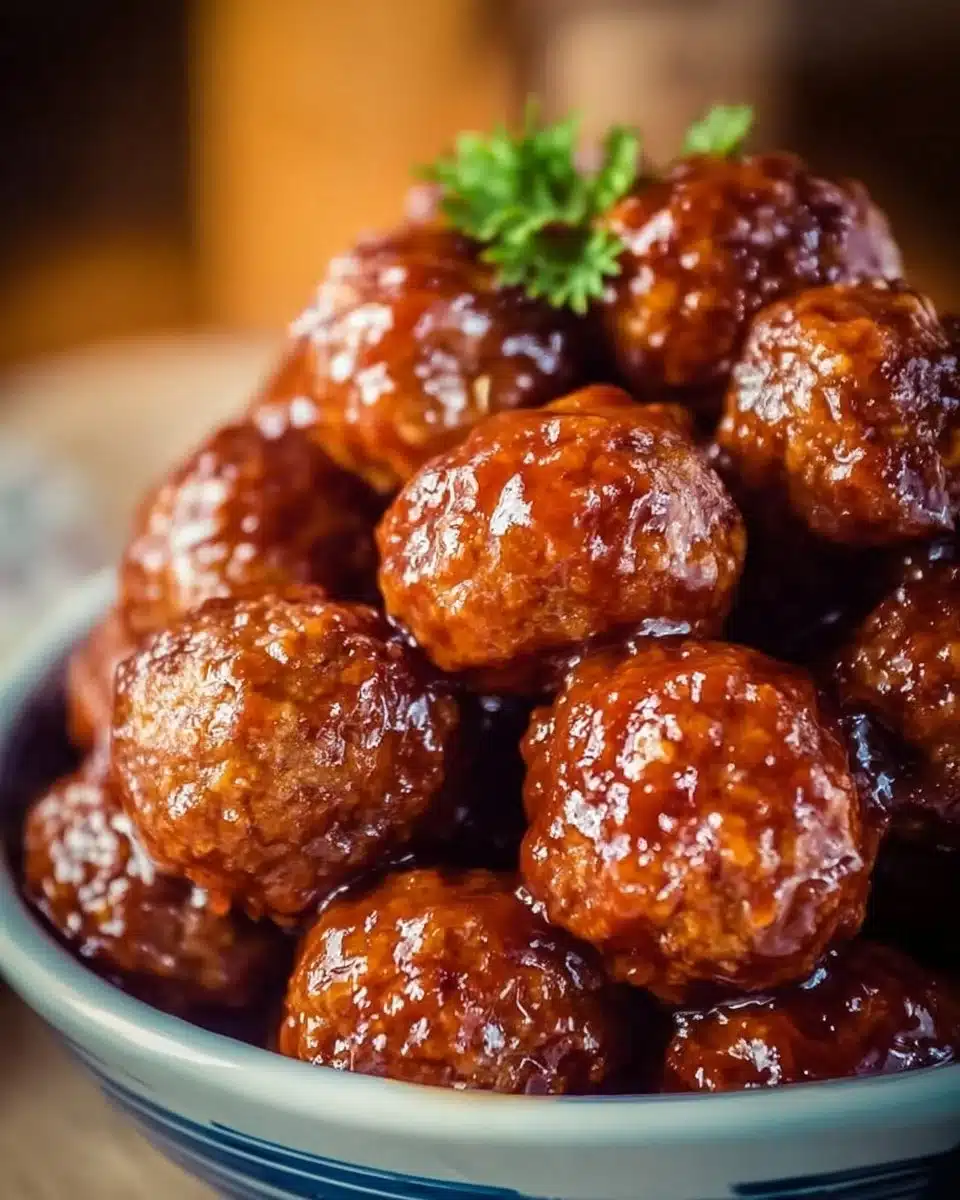 Delicious Honey BBQ Meatballs in a crockpot ready to serve.