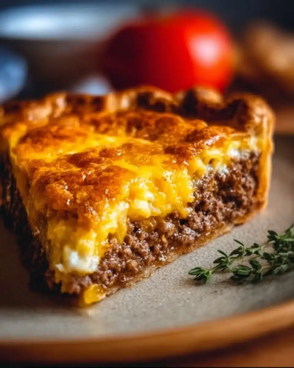 Homemade cheeseburger pie fresh out of the oven, ready to serve.