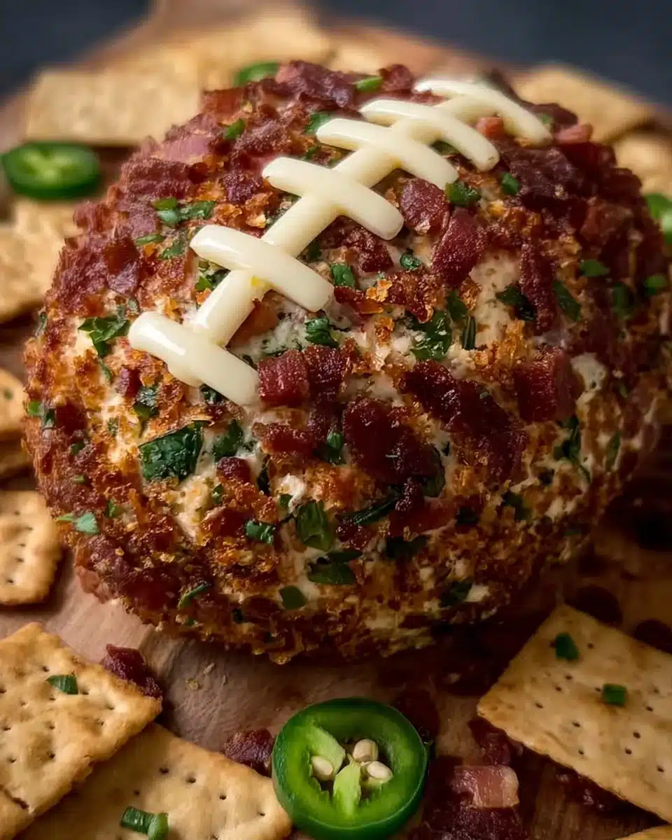 Jalapeño Popper Cheese Ball served with crackers for a game day snack