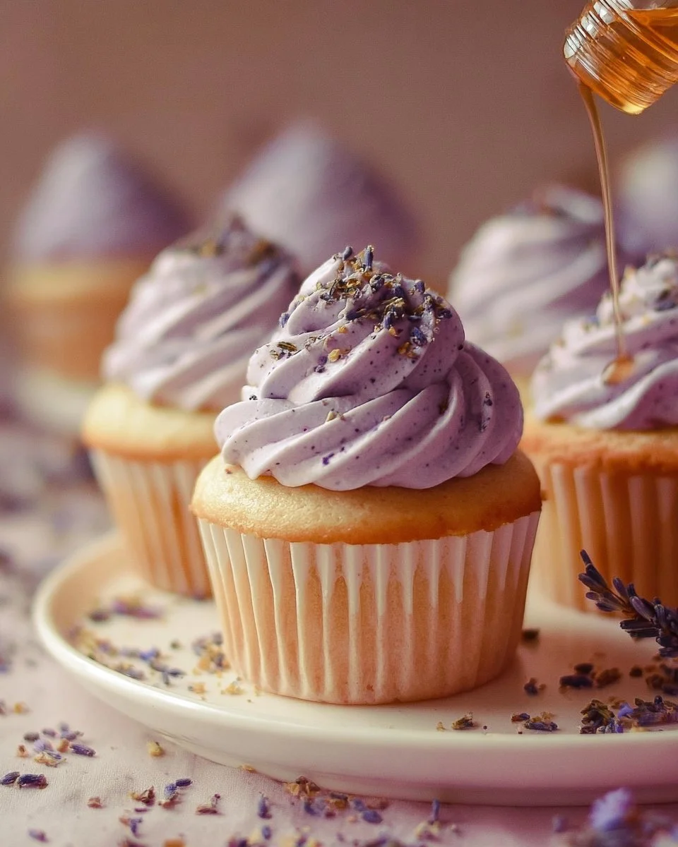 Delicious lavender cupcakes topped with creamy frosting and decorative lavender sprigs