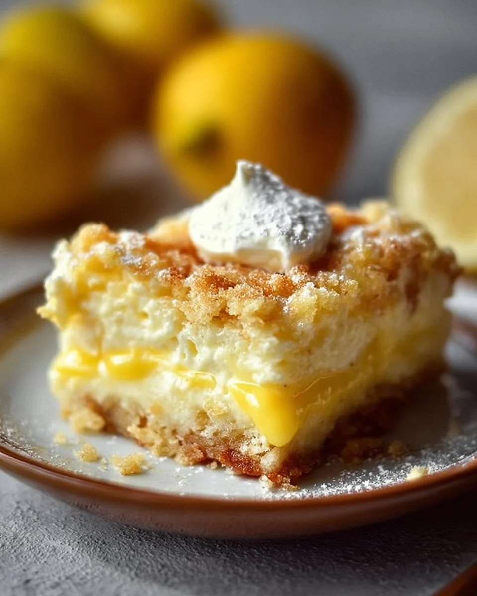 Delicious Lemon Cream Cheese Dump Cake served with fresh lemon slices.