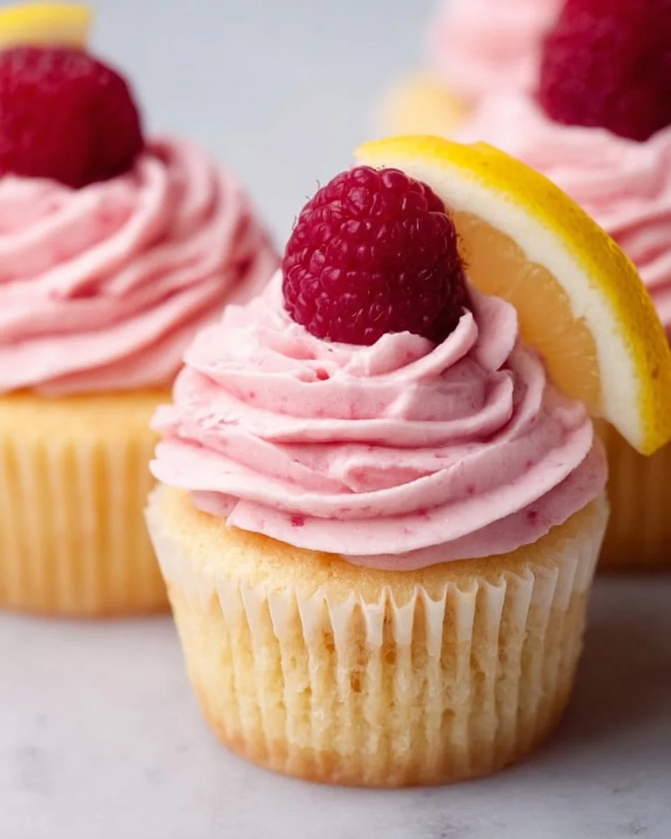 Lemon cupcakes topped with raspberry buttercream frosting on a decorative plate.