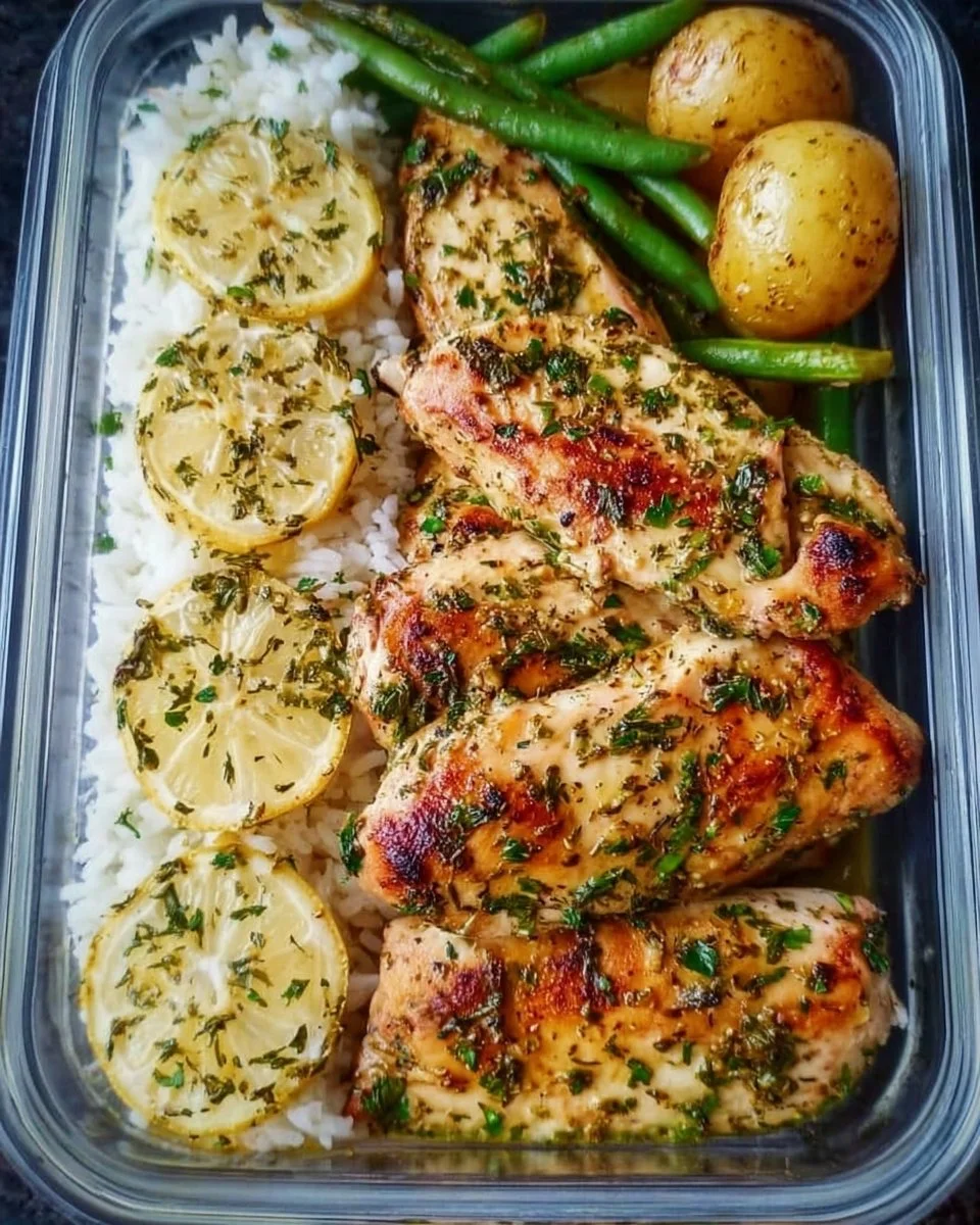 Lemon garlic chicken meal prep with vibrant vegetables and seasonings