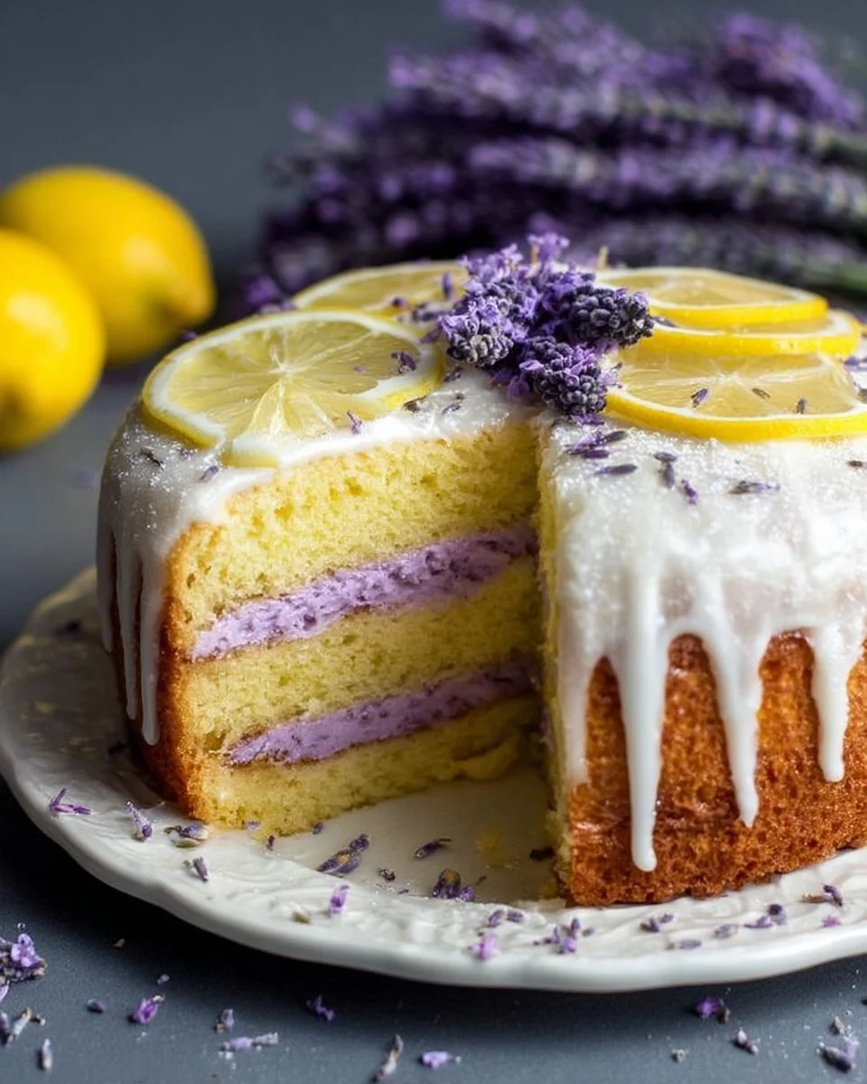 Delicious Lemon Lavender Cake topped with lavender sprigs and lemon slices