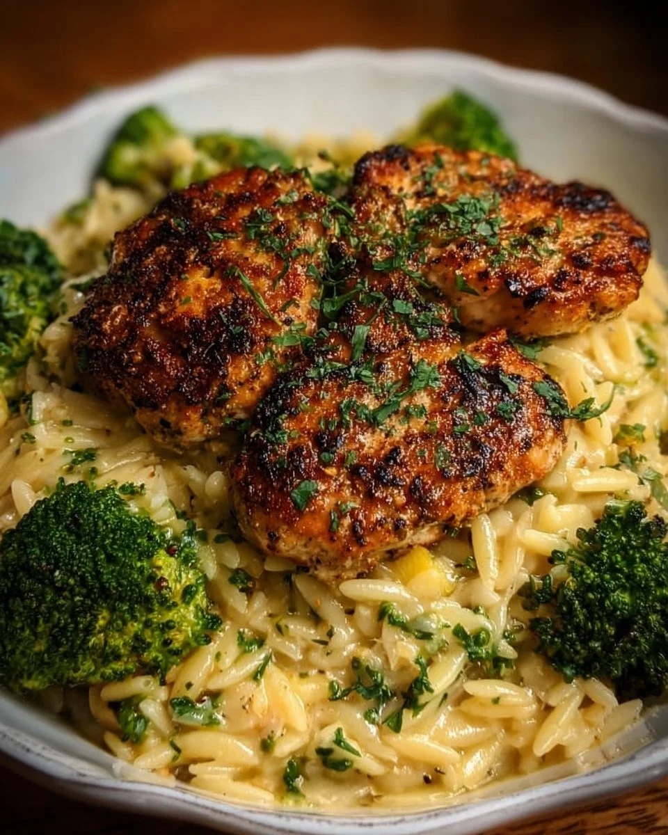 Lemon pepper chicken served with broccoli and orzo pasta, garnished for a delicious meal.