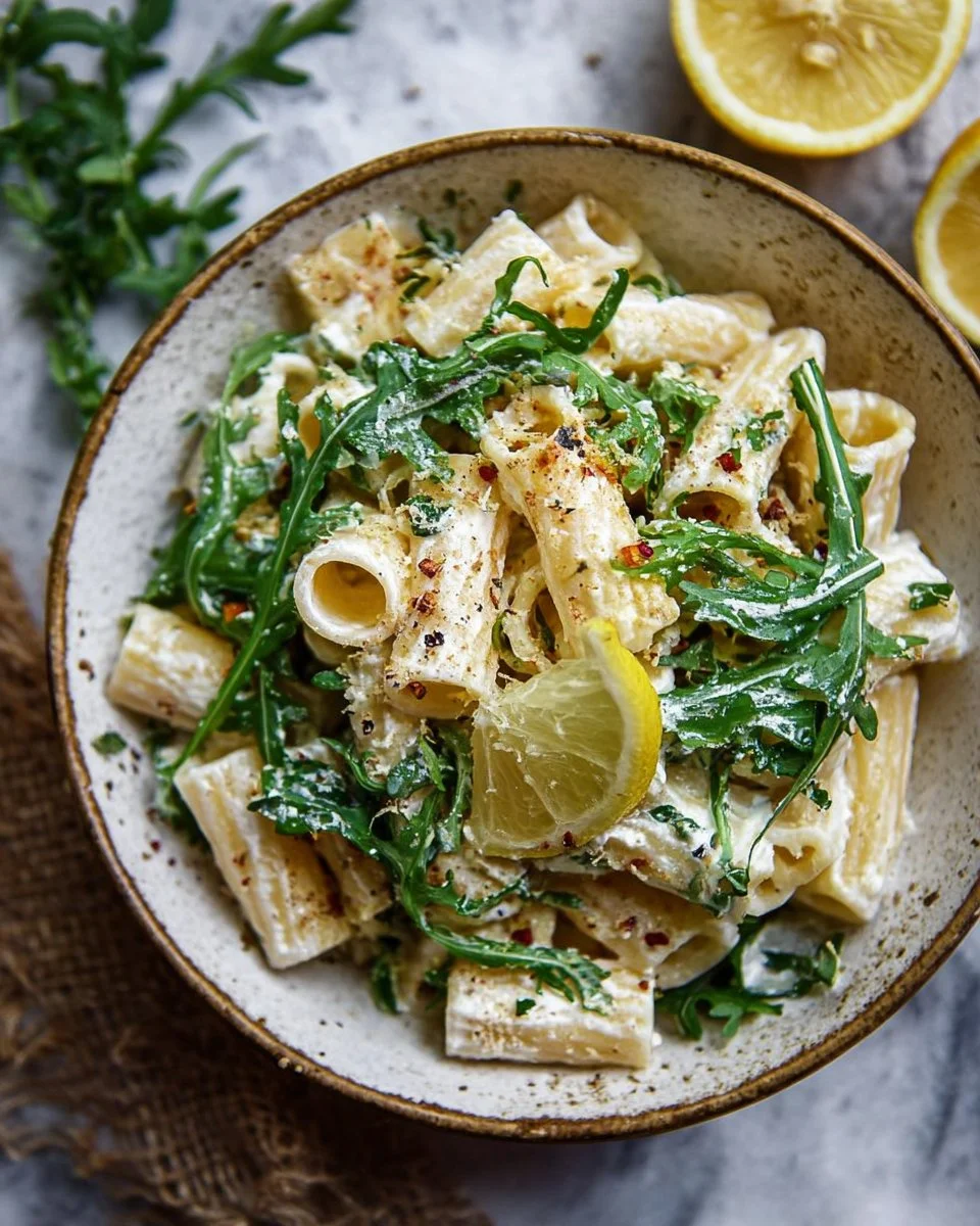 Lemon ricotta pasta served with fresh arugula and zesty lemon zest.