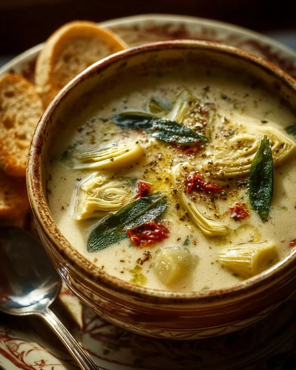 Bowl of Lemony Tuscan Artichoke Soup garnished with herbs