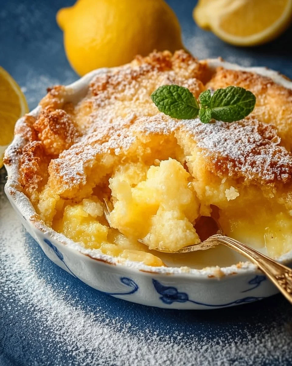 Slice of Magic Lemon Cobbler dessert topped with fresh lemon zest and whipped cream.