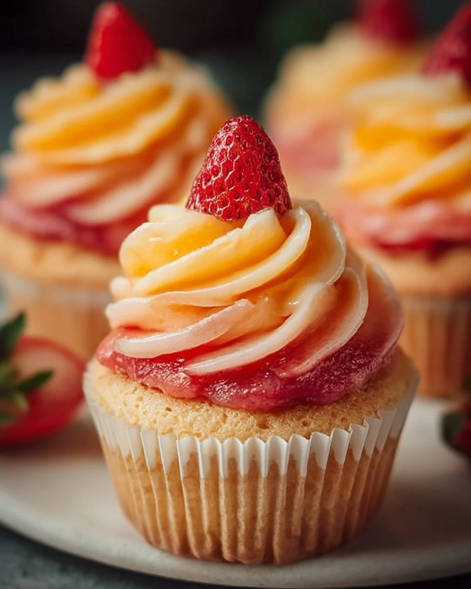 Mango strawberry sunset cupcakes topped with fresh fruit and frosting