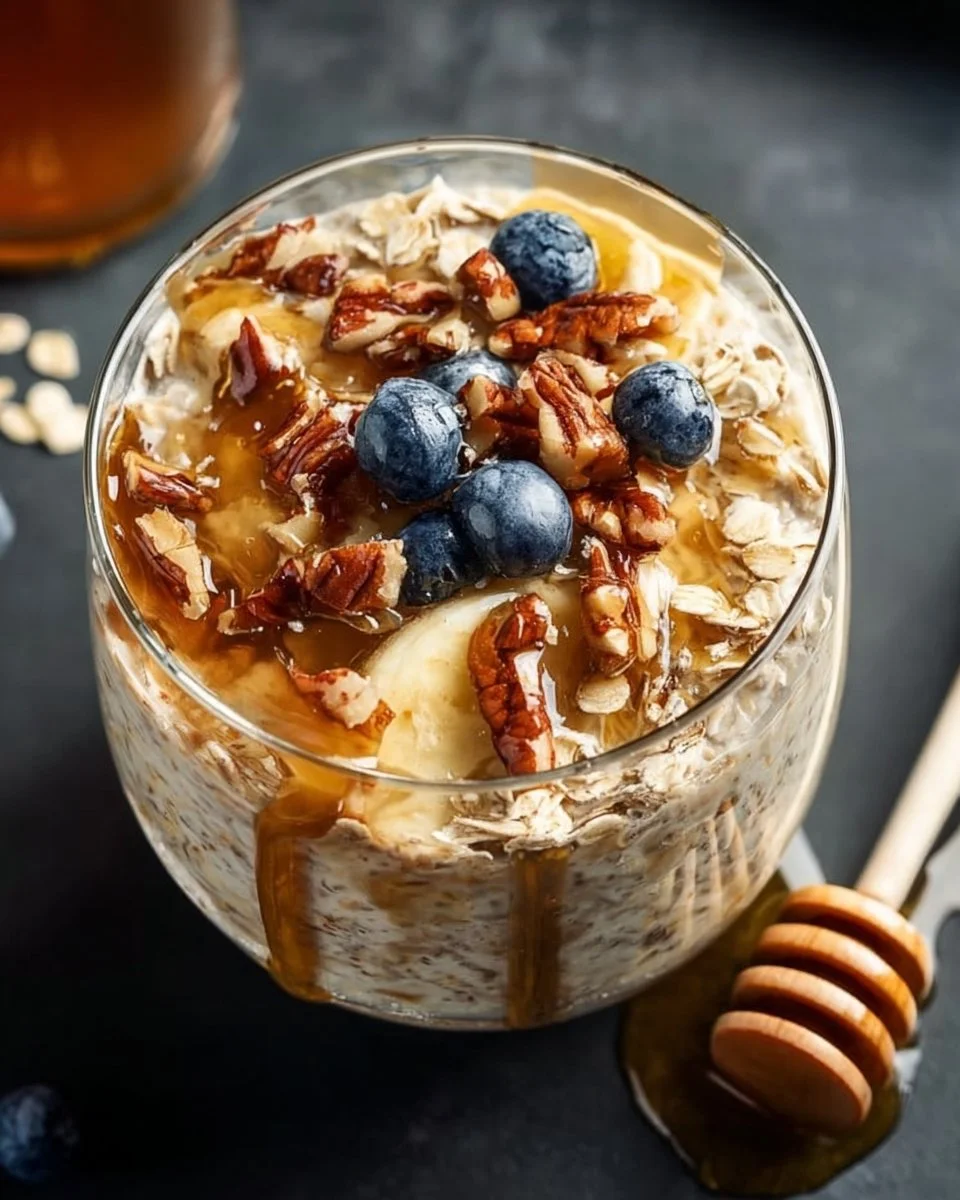 Bowl of maple brown sugar overnight oats topped with fruits and nuts