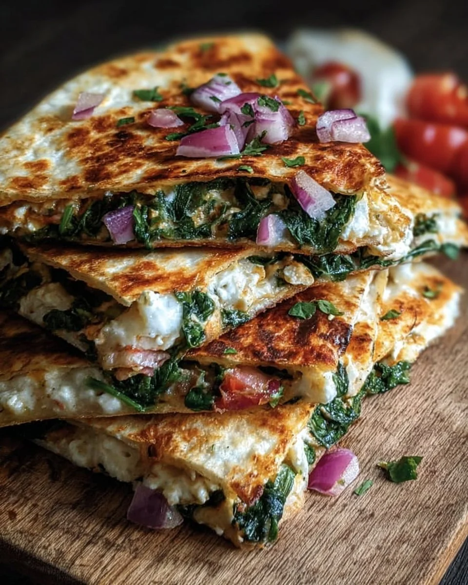 Mediterranean quesadillas with spinach, feta, mozzarella, and red onion on a plate
