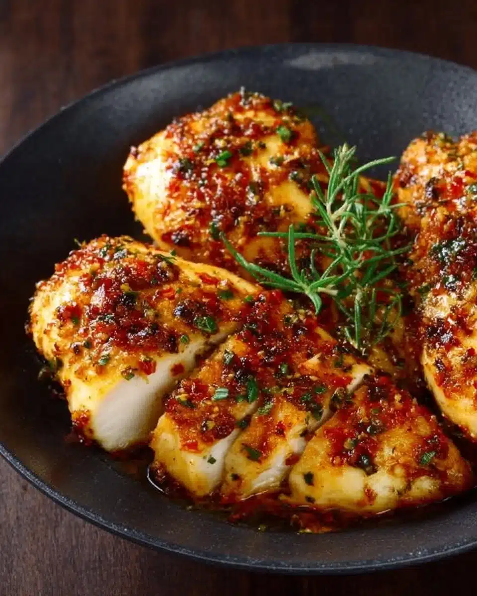 Juicy melt-in-your-mouth chicken breast served with herbs and spices.