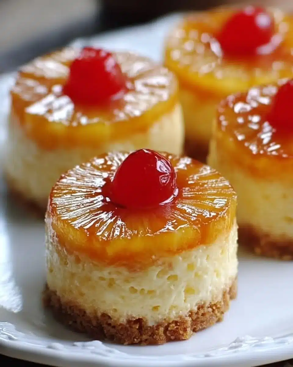 Mini Pineapple Upside-Down Cheesecakes arranged on a dessert platter
