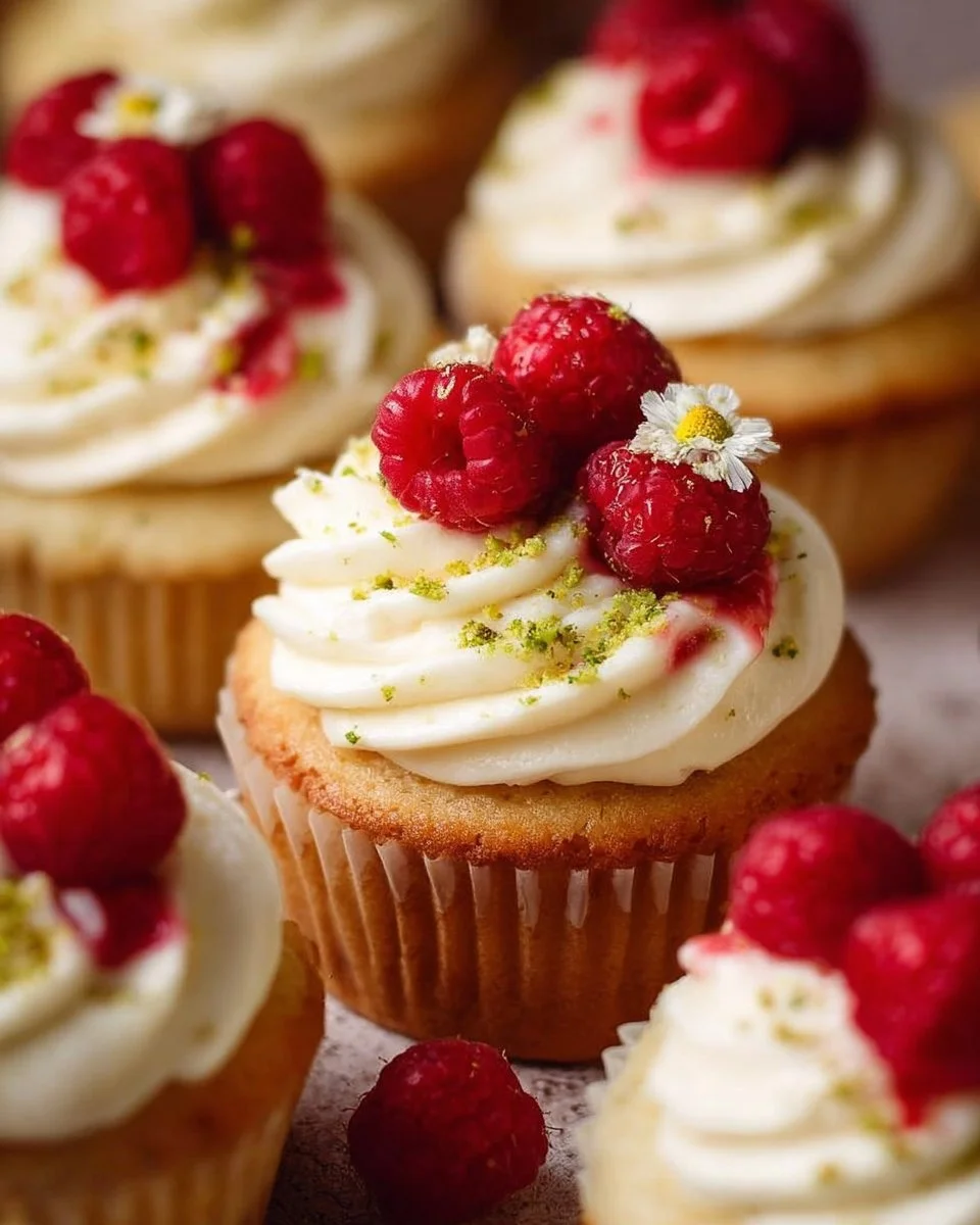 Moist lemon cupcakes with raspberry filling topped with frosting