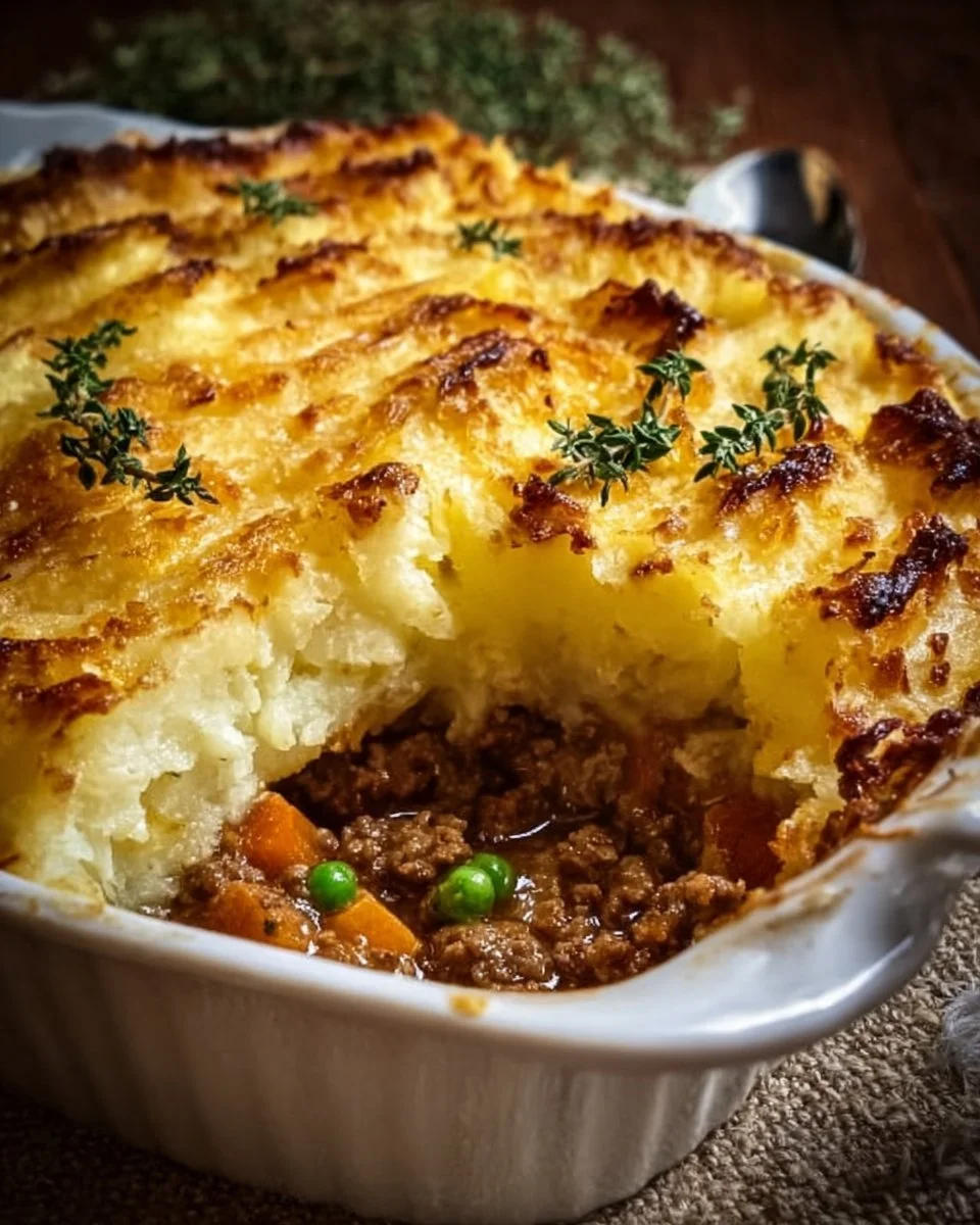 Delicious homemade Shepherd's Pie served in a rustic dish.