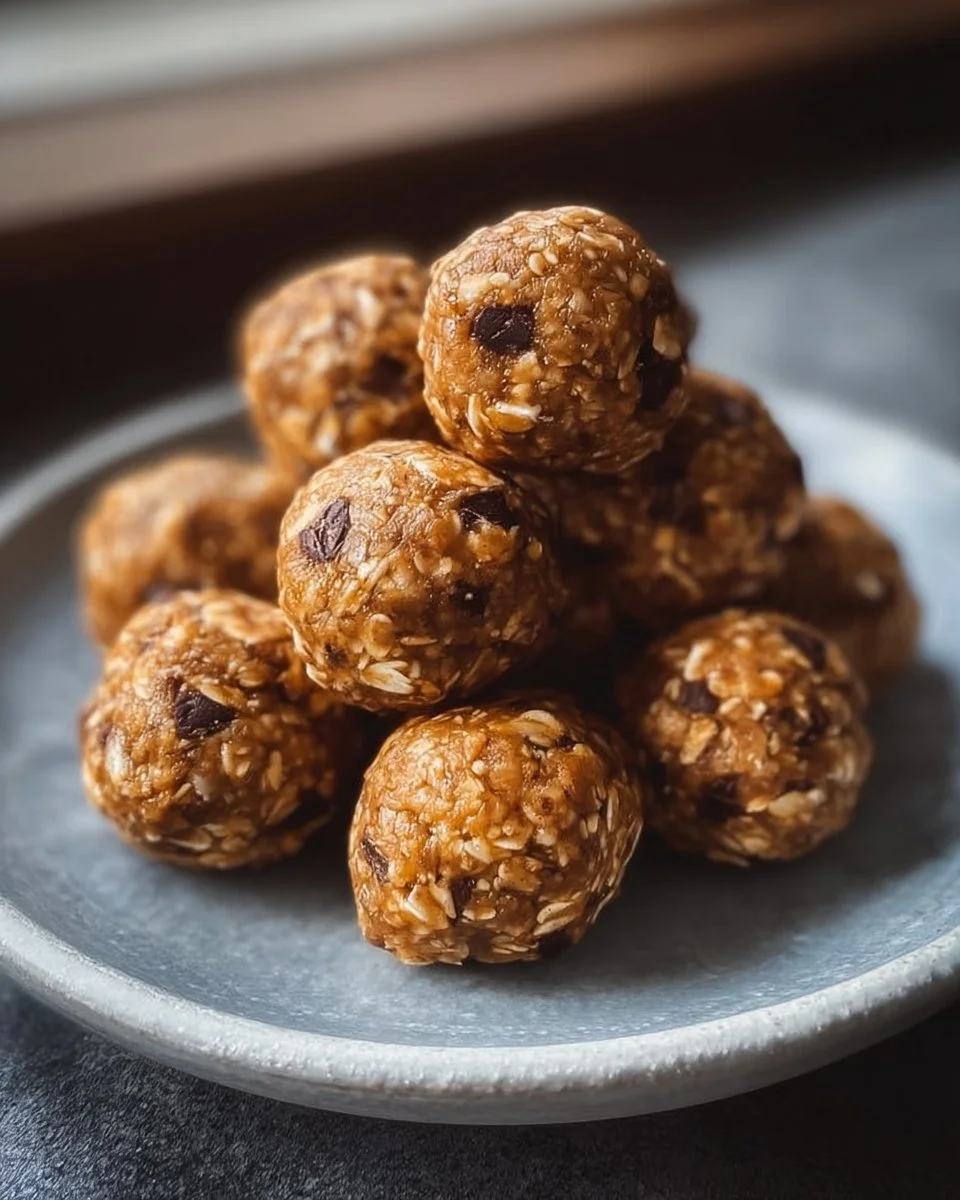No-bake peanut butter energy bites topped with oats and chocolate chips