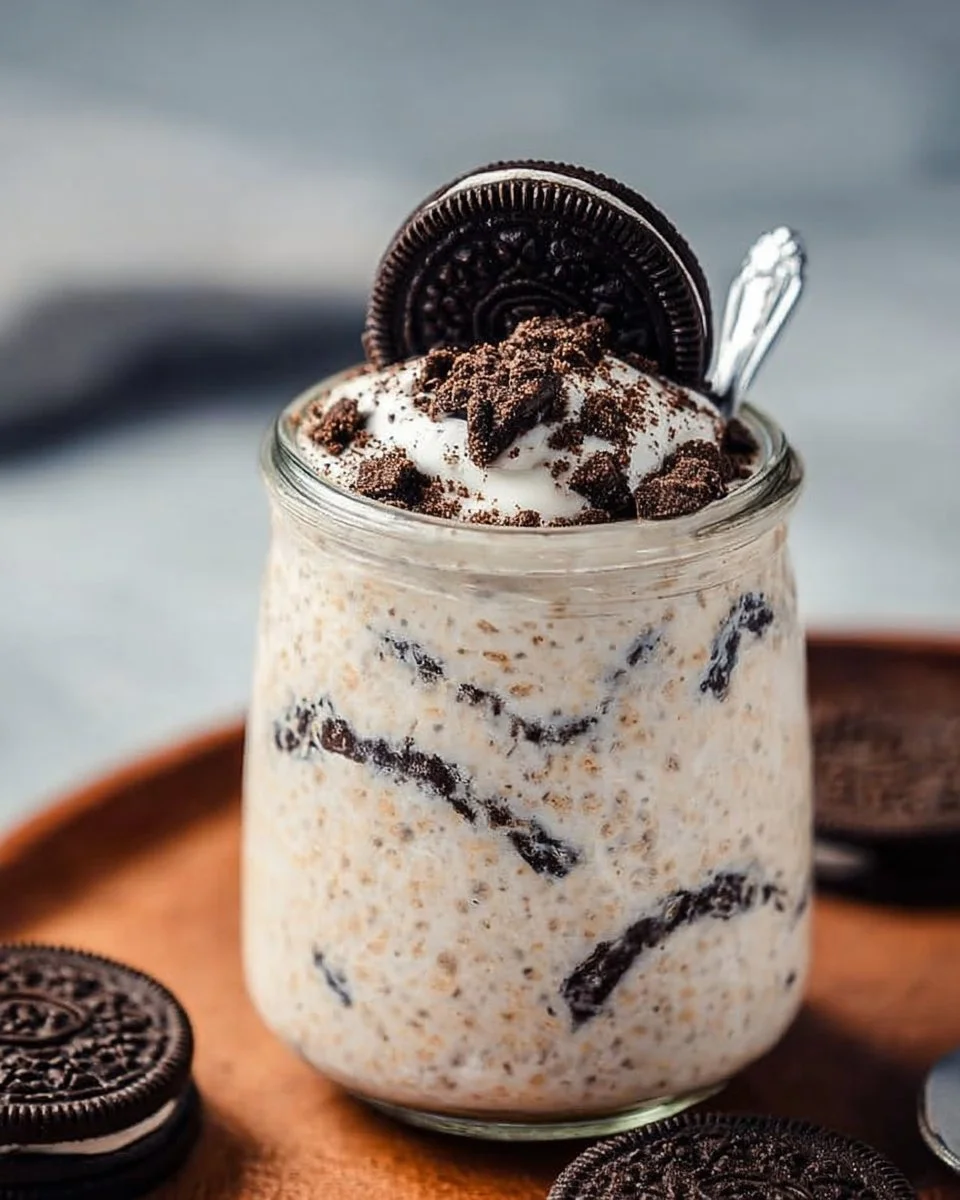Delicious OREO overnight oats topped with crushed OREO cookies and cream.