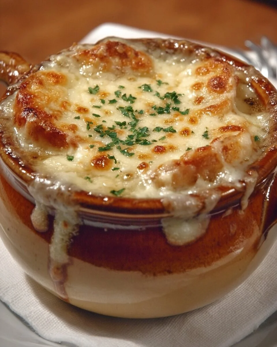 Bowl of Outback Steakhouse Walkabout Onion Soup topped with cheese and herbs