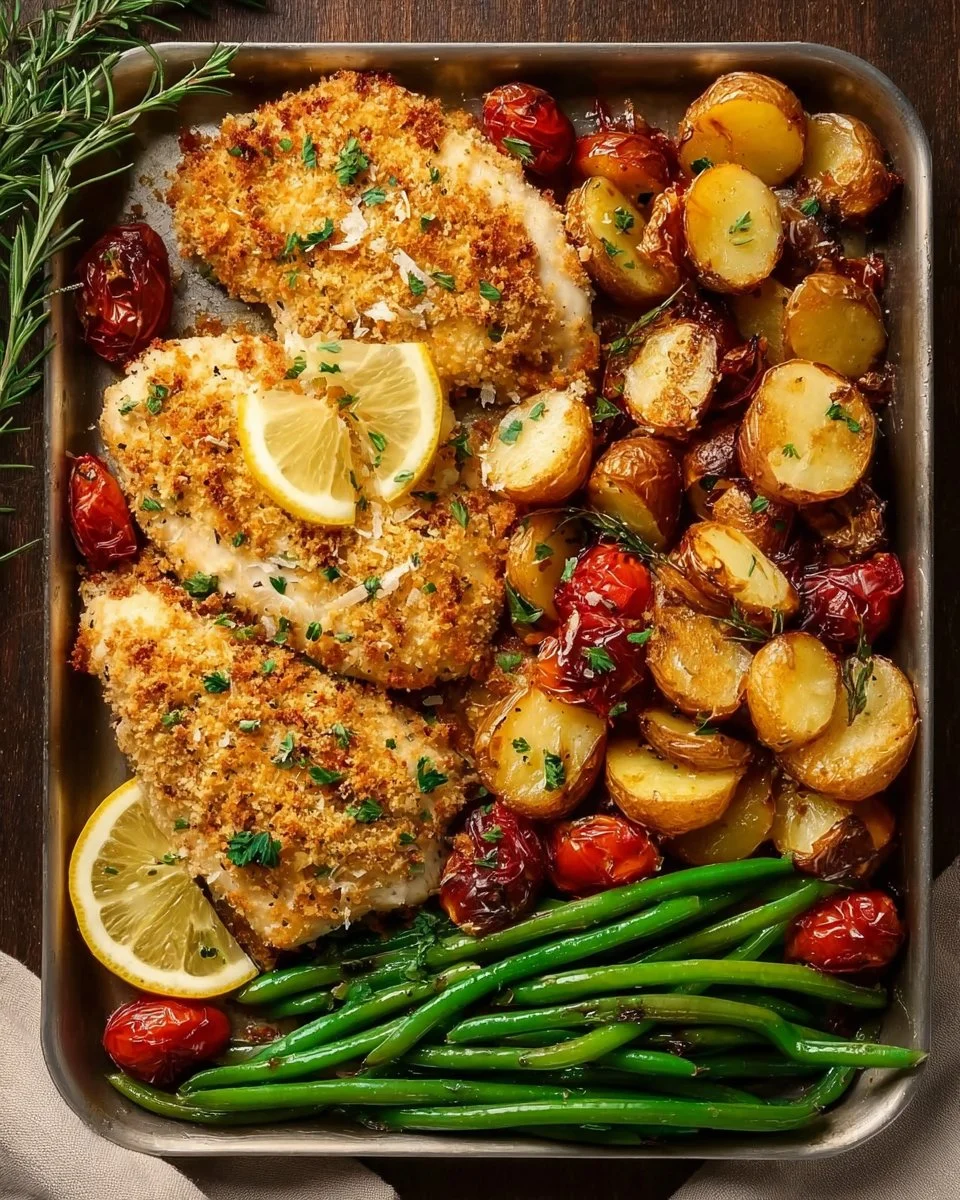 Parmesan Crusted Chicken Sheet Pan Dinner with vegetables and herbs