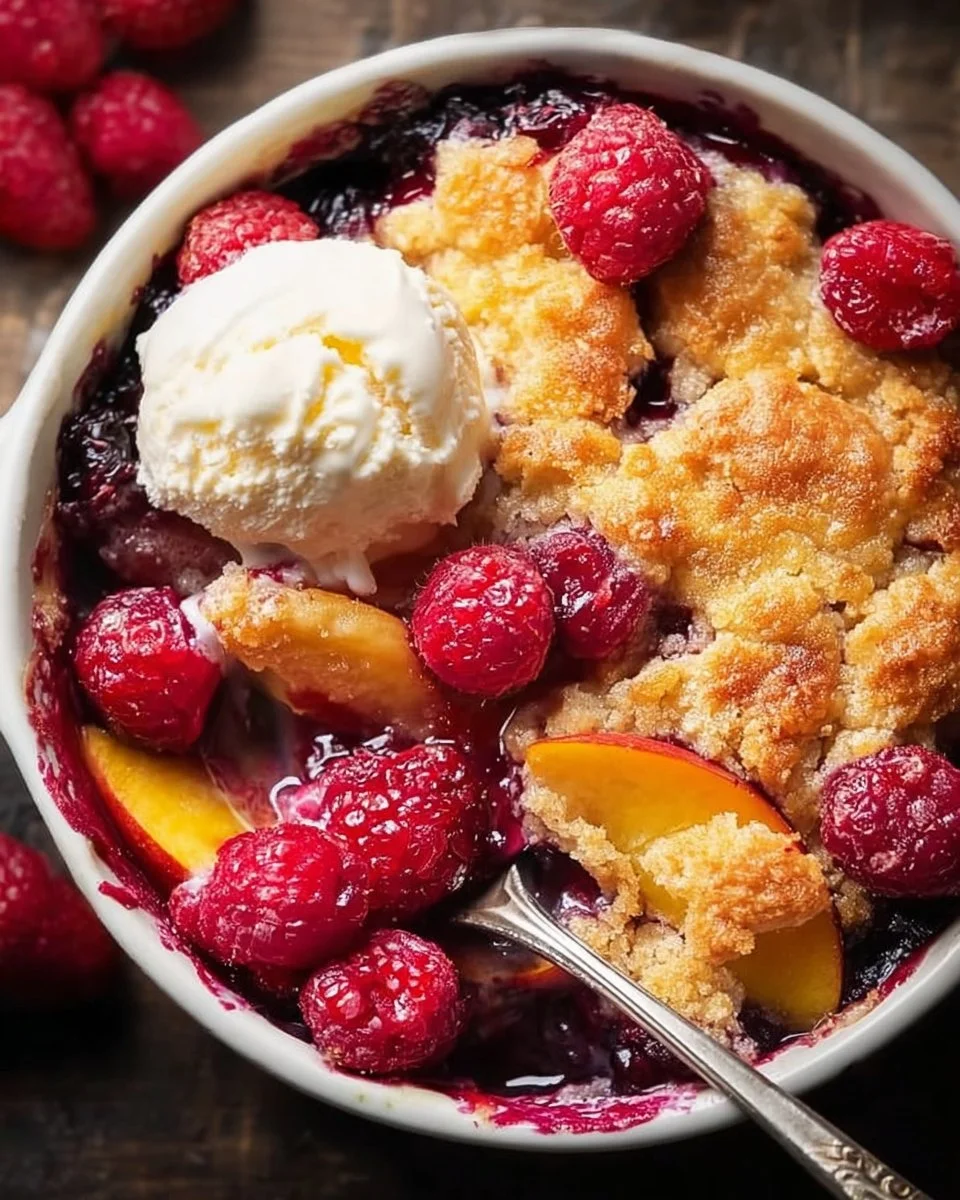 Delicious Peach Cobbler with Raspberries served with ice cream