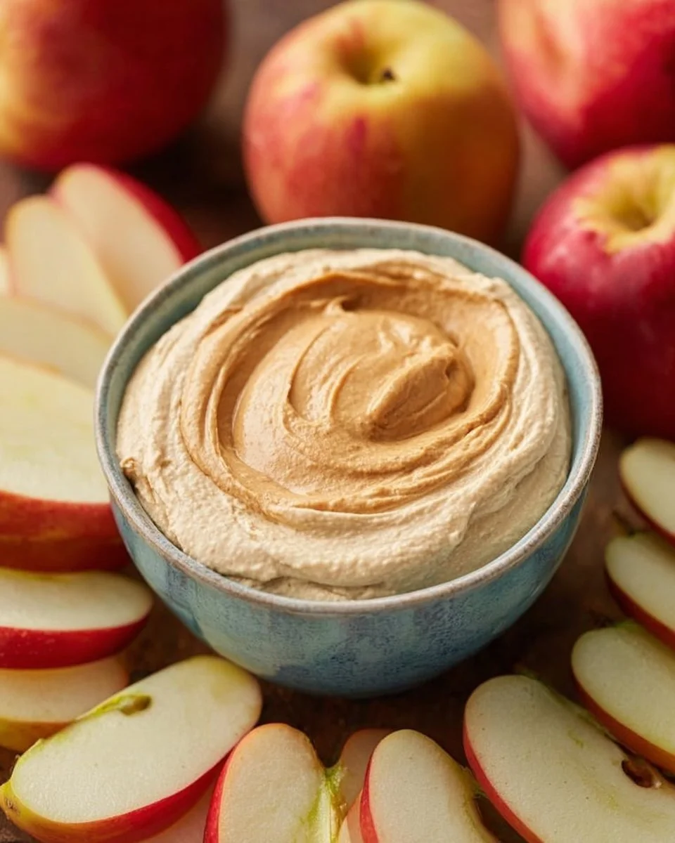 Creamy peanut butter yogurt dip served with fresh apple slices