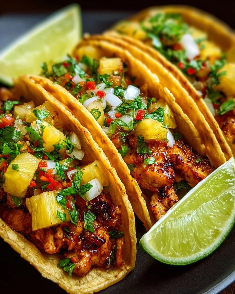 Delicious Pineapple Chicken Tacos topped with fresh ingredients