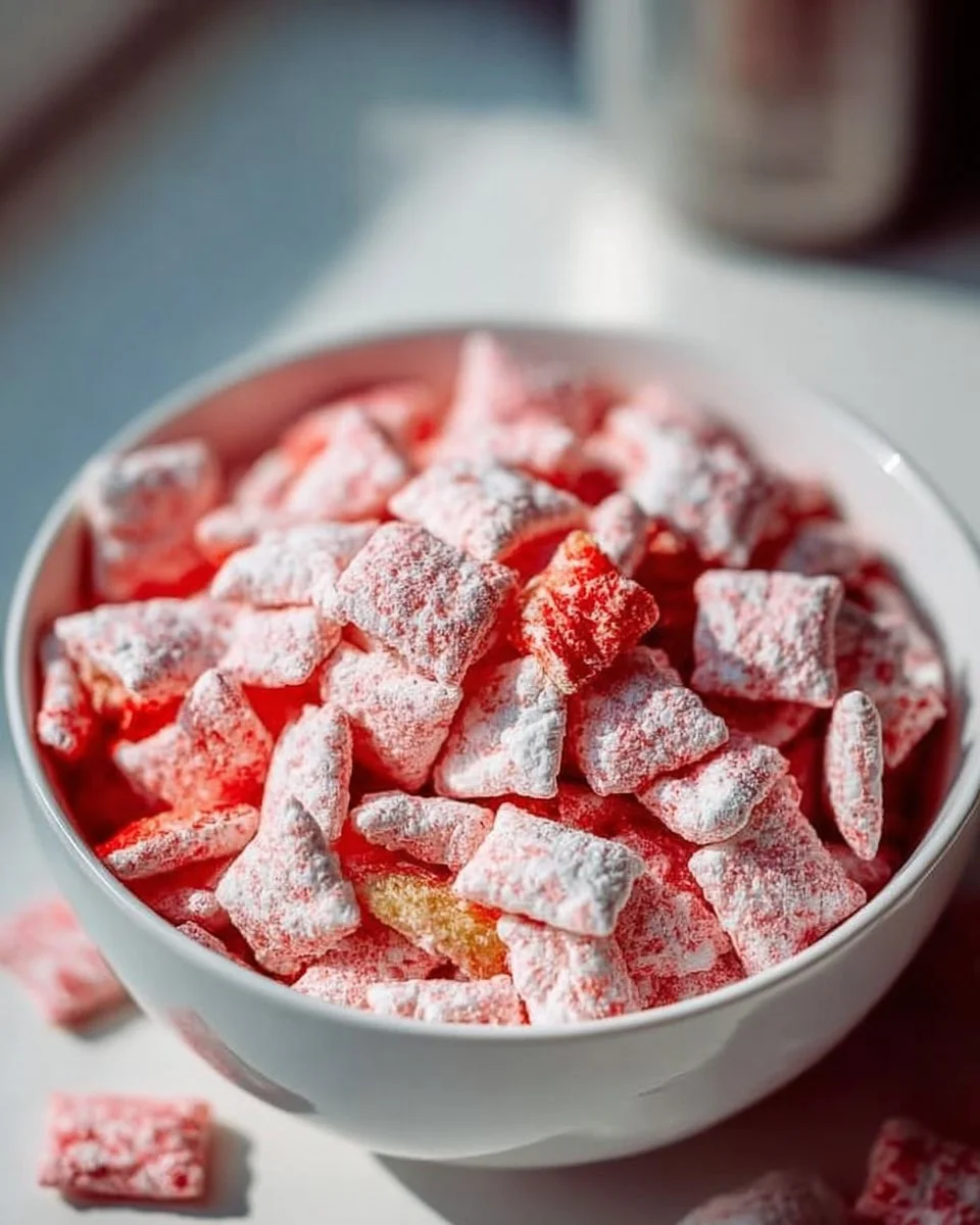Quick Strawberry Shortcake Puppy Chow dessert in a bowl