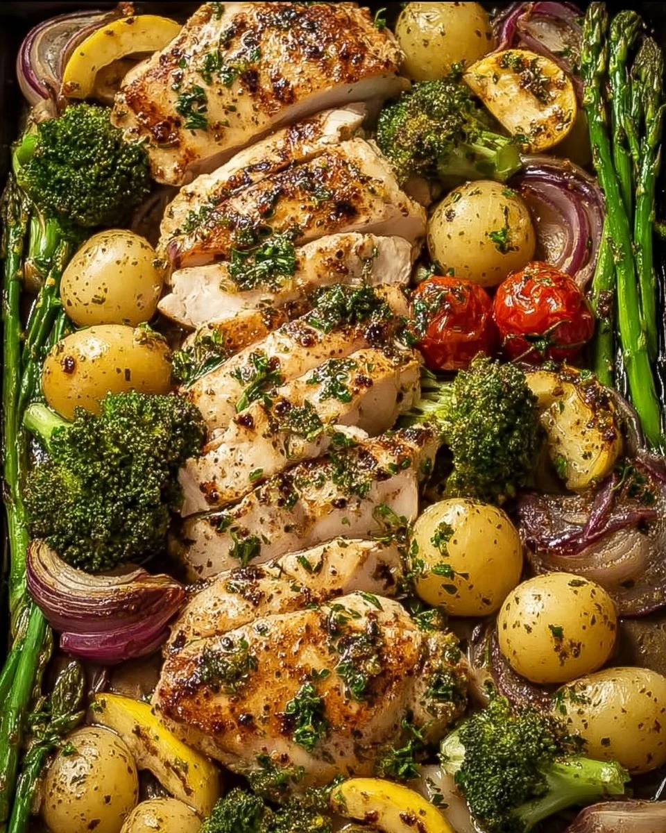 Sheet Pan Garlic Butter Chicken with assorted vegetables