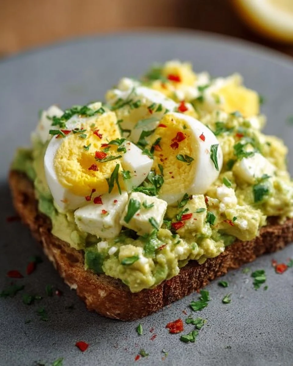 Mediterranean avocado egg salad in a bowl with fresh ingredients