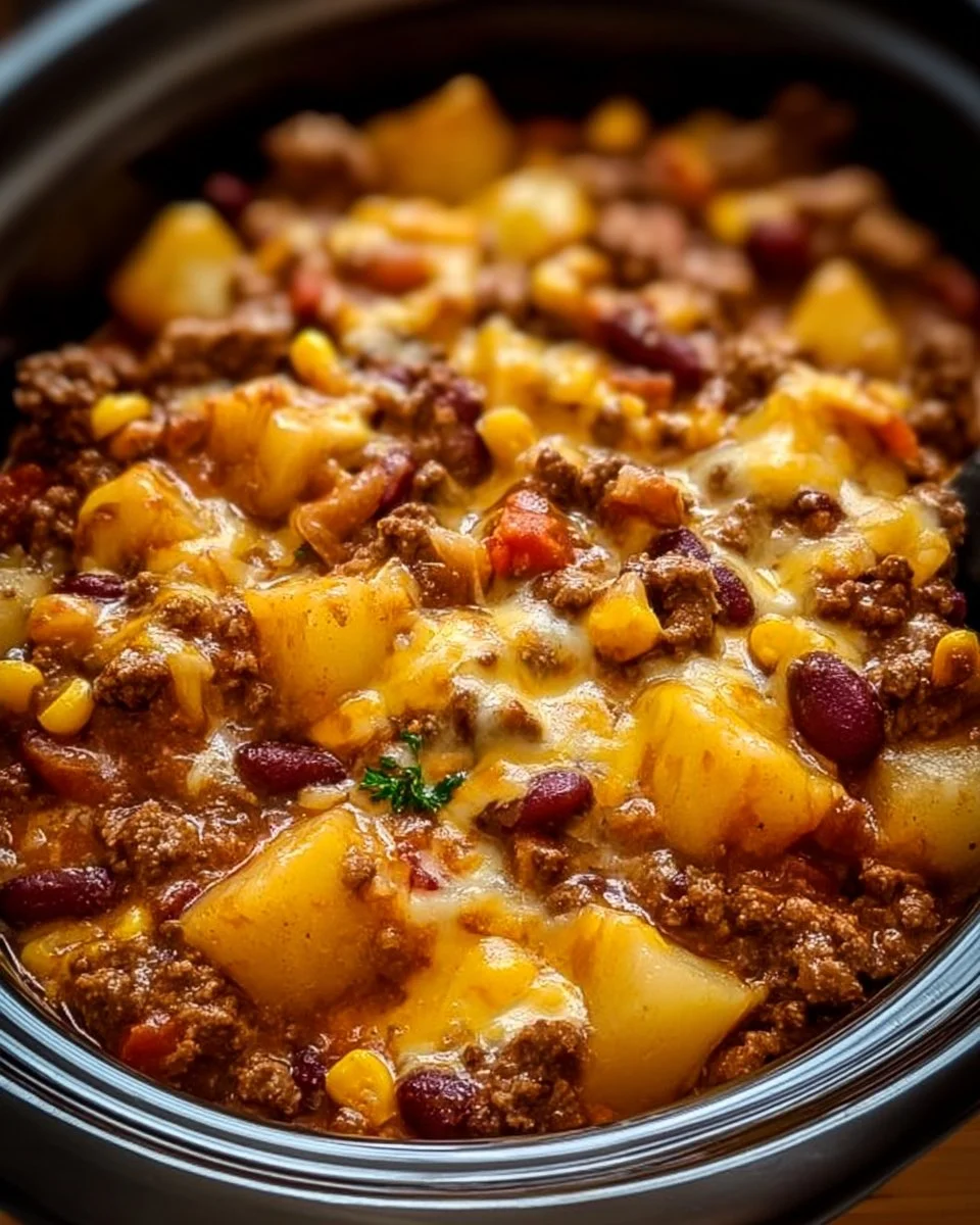 Delicious Slow Cooker Cowboy Casserole with beef, corn, and cheese.