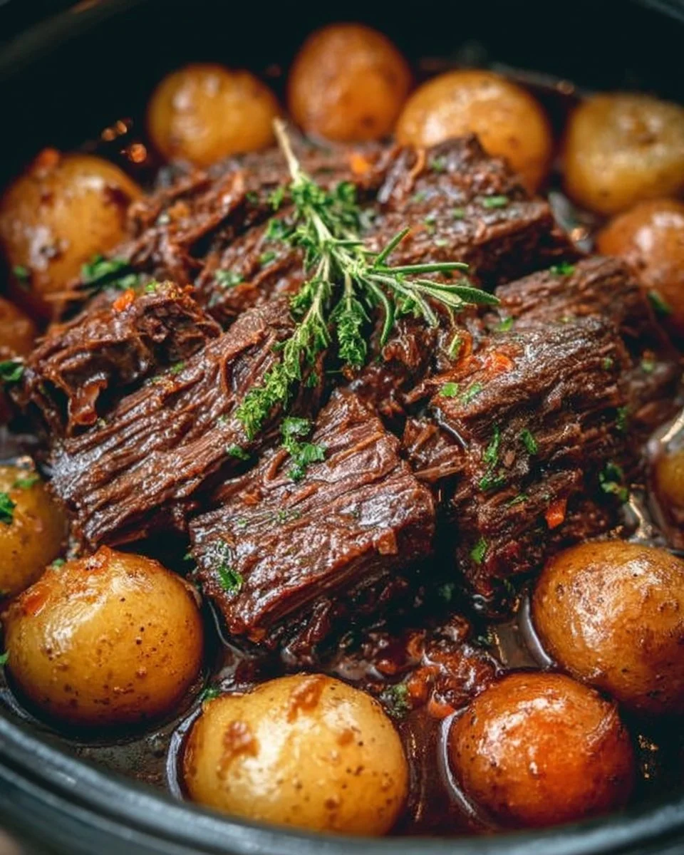 Slow cooker garlic butter beef with potatoes served on a plate