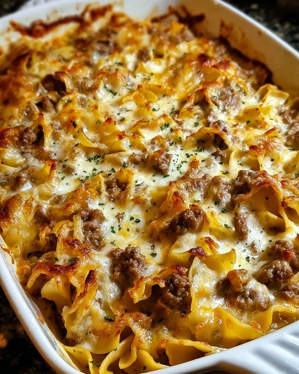 Delicious sour cream beef noodle casserole topped with cheese and herbs.