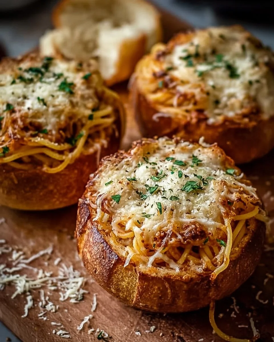 Spaghetti garlic bread bowls filled with pasta and garlic bread crust