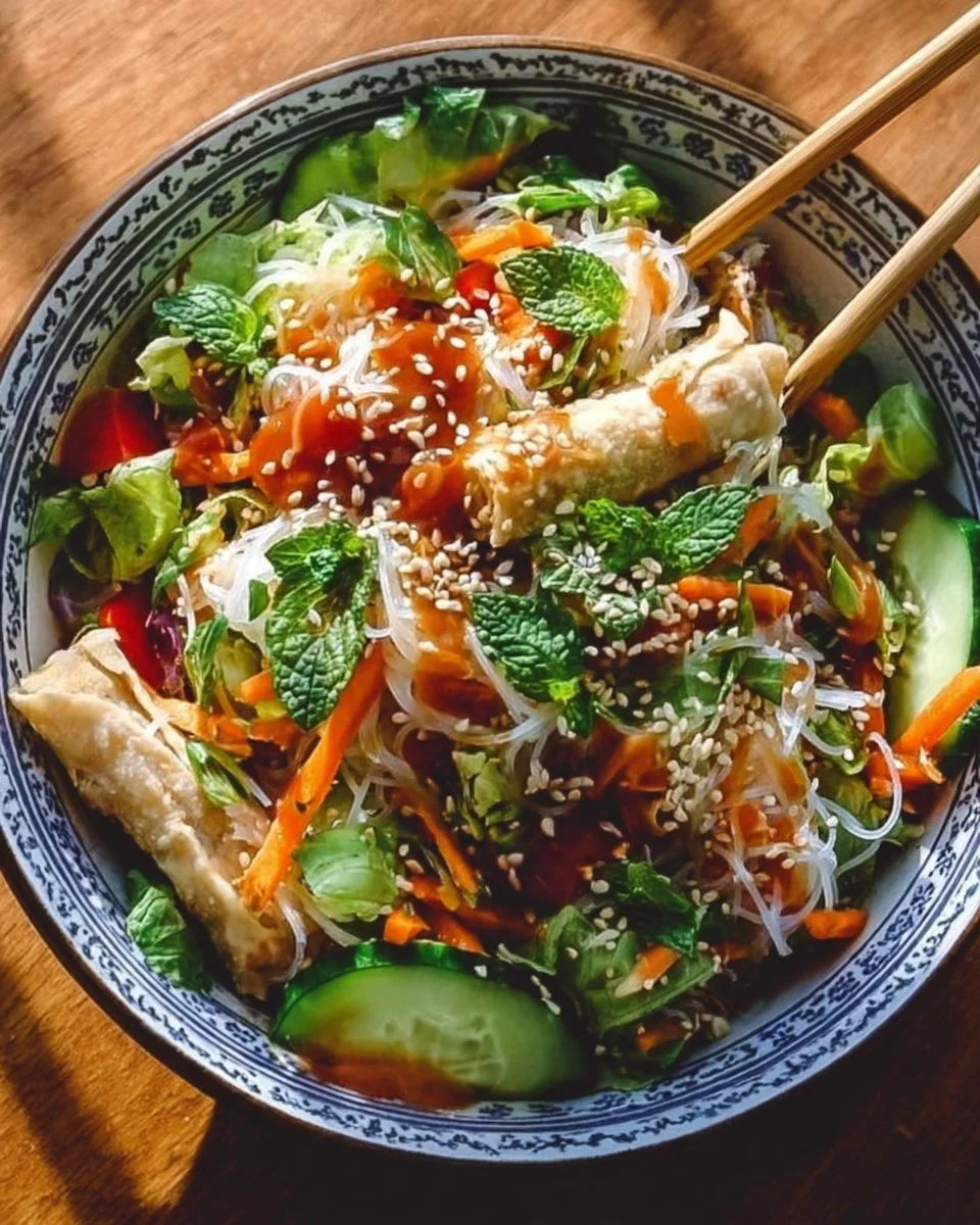 Fresh Spring Roll Salad with colorful veggies and spicy ginger dressing