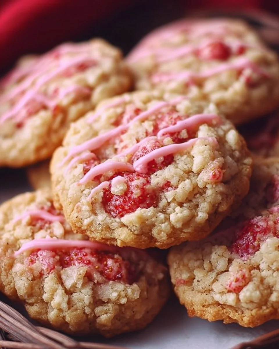 Homemade strawberry crunch cookies with a crispy topping and fresh strawberries.