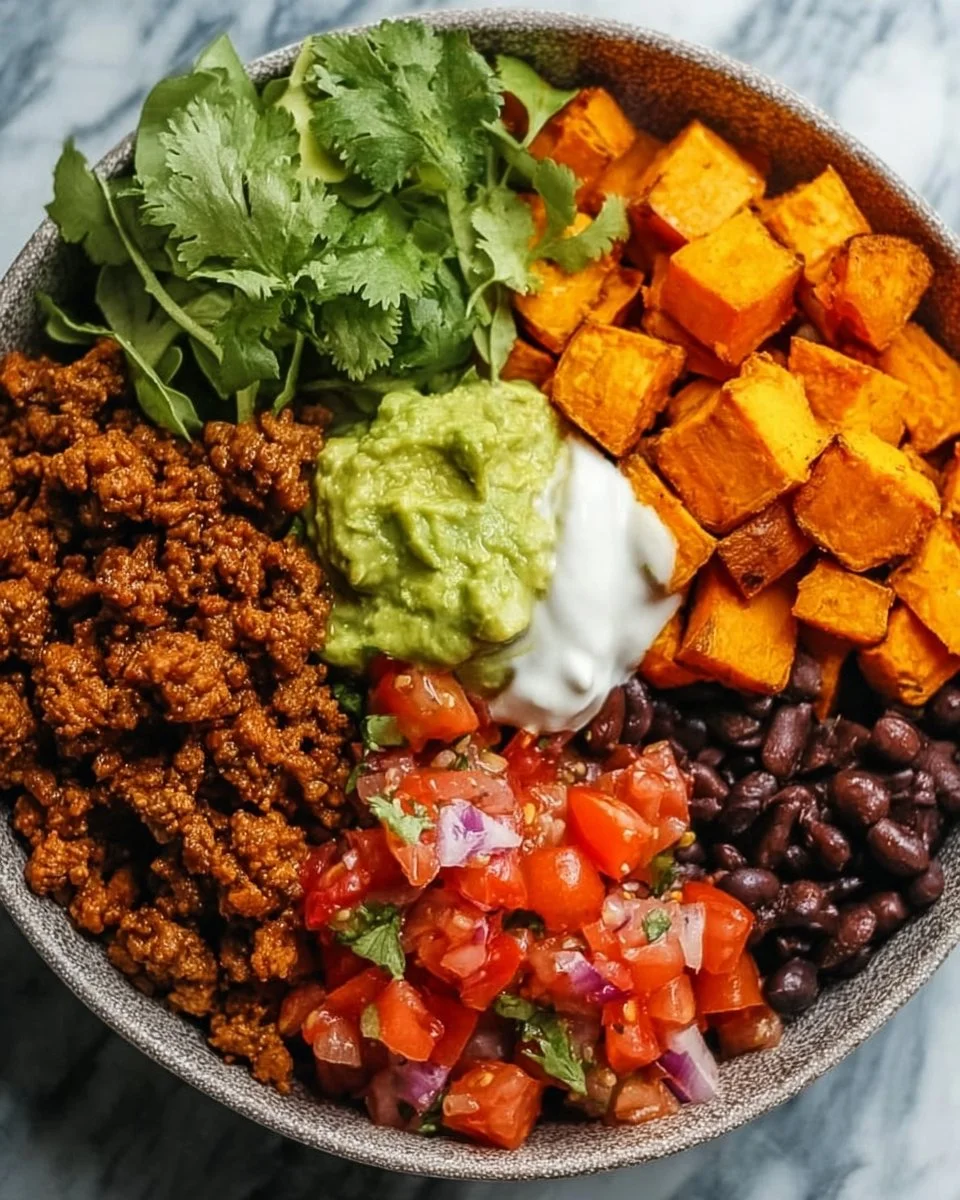 Delicious sweet potato taco bowl topped with fresh ingredients for a vibrant meal