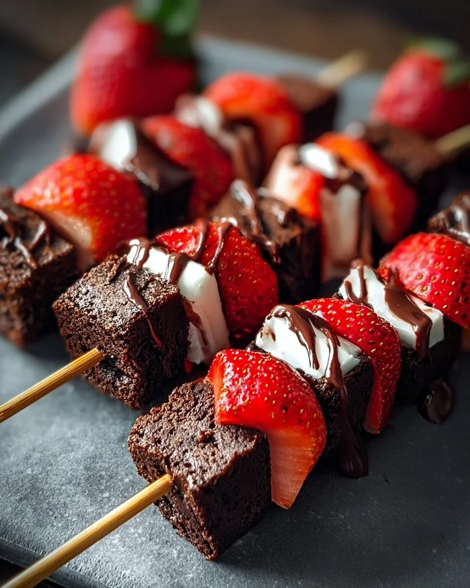 Delicious strawberry brownie kabobs served on wooden skewers for party fun
