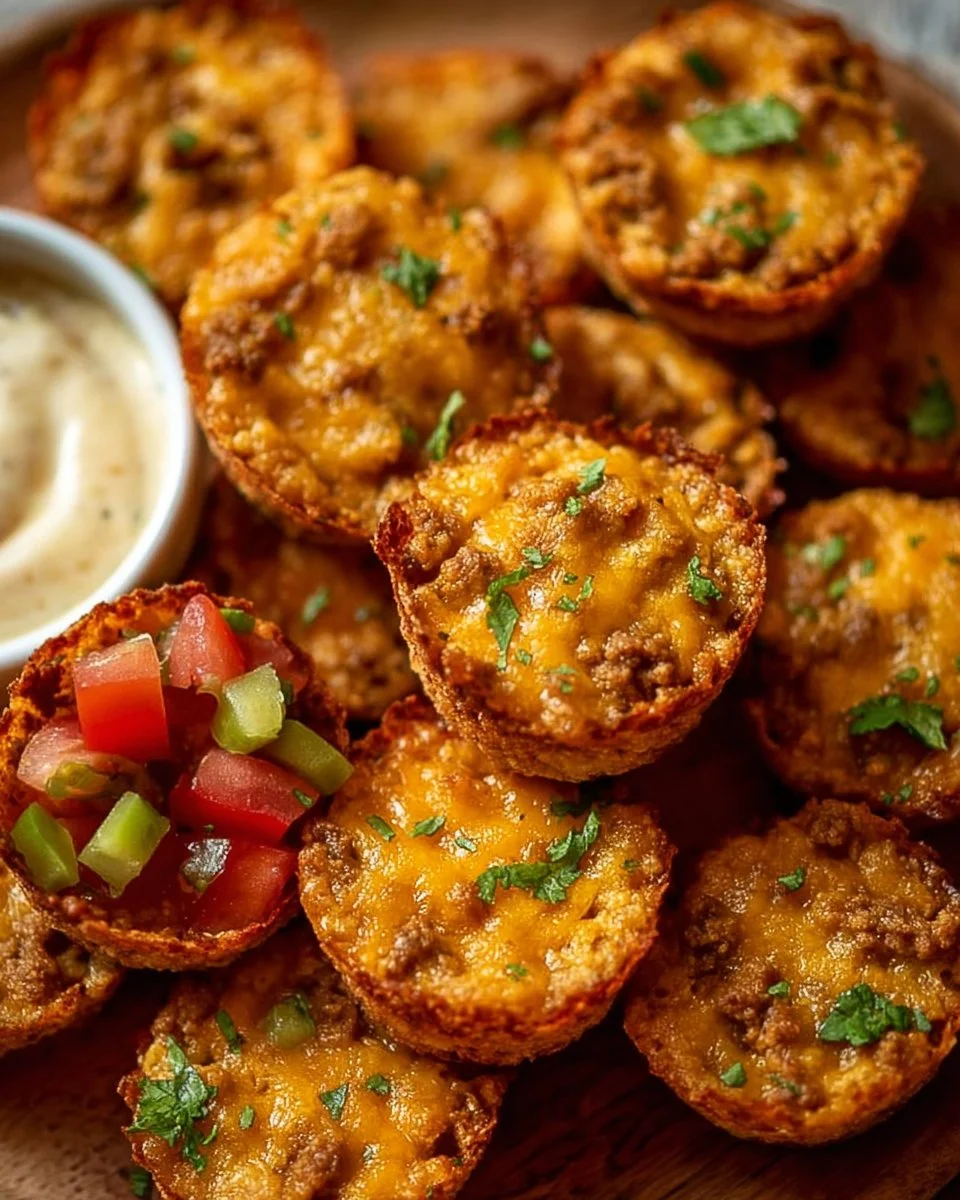 Plate of tasty Taco Ranch Bites garnished with herbs and served with dipping sauce.