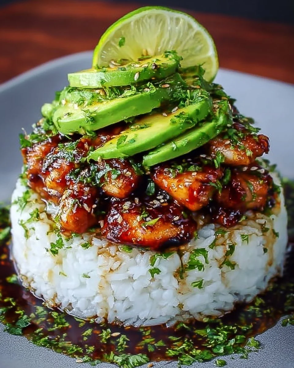 Honey Lime Chicken served with Avocado Rice Stack in a vibrant presentation