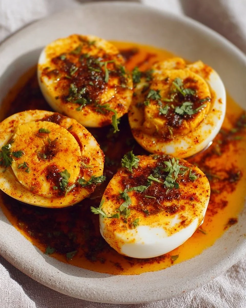 Plate of Cajun boiled eggs from a viral TikTok recipe.