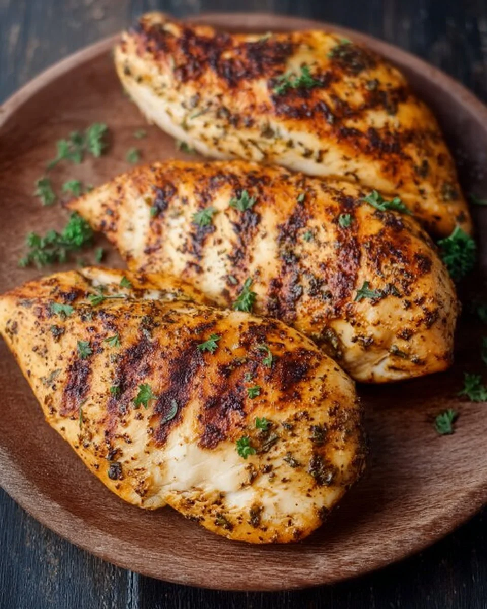 Delicious air fryer grilled chicken served on a plate with herbs