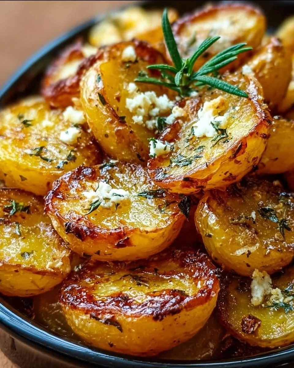Crispy lemon-infused authentic Greek potatoes served in a dish