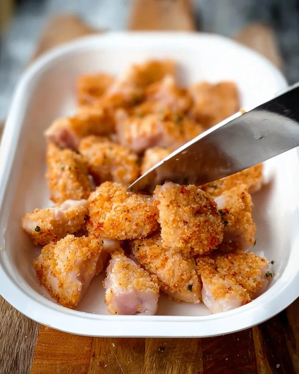 Plate of golden baked chicken bites served with a dipping sauce